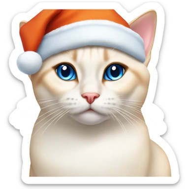 chubby flame point Siamese, white fur with orange accents and blue eyes wearing a red christmas hat  sticker