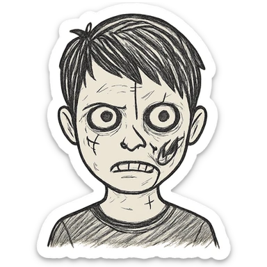 Add more zombie details such as greenish skin, visible stitches, and a scar. Keep the emo black hair and black shirt. No background. sticker