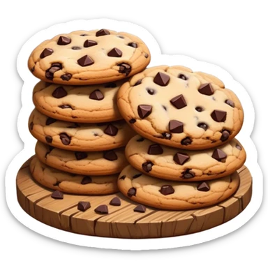 Cinematic crunchy chocolate chip cookies, freshly baked, golden-brown with gooey melted chocolate chunks, stacked on a rustic wooden plate, soft warm lighting, cozy and delicious. sticker
