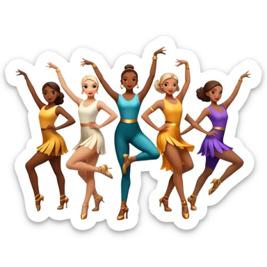 Icon for Contemporary Dance: a synchronized group dance performance with dancers in modern outfits, performing on stage with bright spotlighting and energetic movement. The icon should capture the dynamic and vibrant nature of contemporary dance. Transparent background. sticker