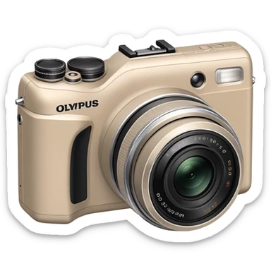 Ultra simplified Olympus Superzoom 70G camera, grayish-beige color, abstract representation with bare minimum of recognizable features sticker