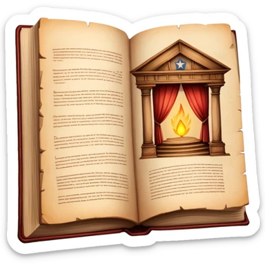 Ancient book open to display hand-drawn theatrical set design sketches on parchment pages, with Puerto Rican flag colors subtly incorporated, wooden theater elements, warm glowing aura sticker