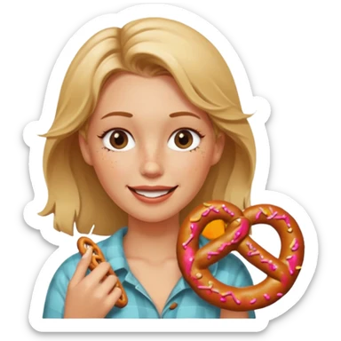 Winking, Dirty blond woman, fair skin with freckles,  holding pretzel sticker
