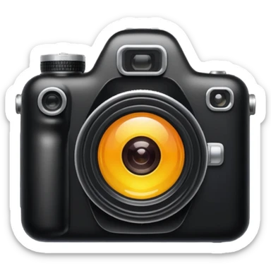 The camera features a solid black body with a shiny lens. sticker