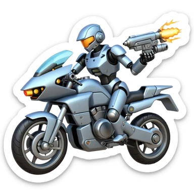 an mech shooting enemy mech motorcycle  sticker