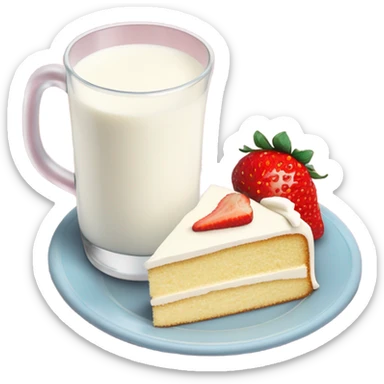 Milk at glass and vanilla cake strawberry at plate sticker