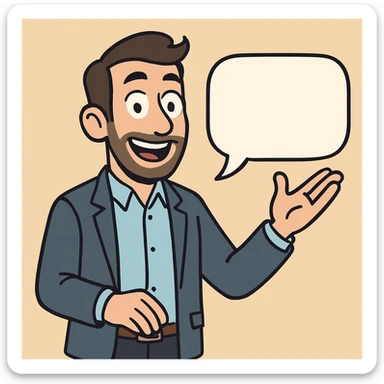 an articulate marketer, cheerful, holding a speech bubble, casual business outfit, friendly, approachable, cartoon style sticker