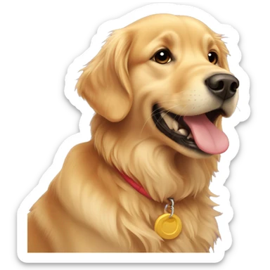 golden retriever sitting down and biting a frisbee sticker