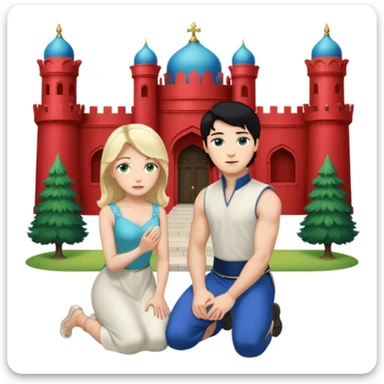 Man as prince, black Hair, blue eyes, woman, blonde, green eyes, shott white sleveless Dress, kneeling, background palace sticker