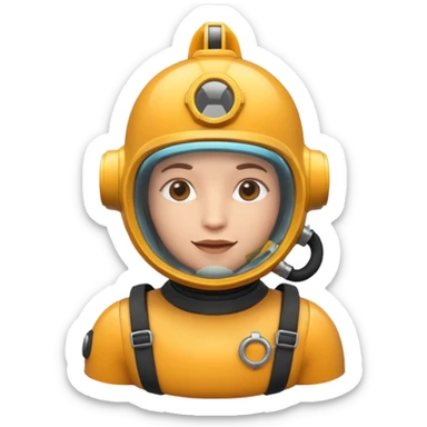 3D cartoon-style human character in the Apple emoji style, wearing a diving helmet with glass visor sticker