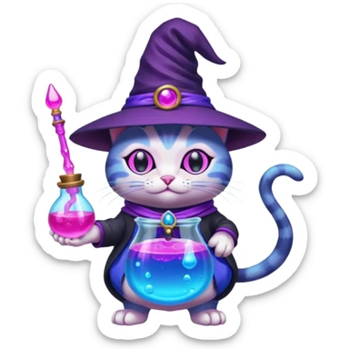 Purple witch cat full body with pink potion neon  and blue potion bubbling neon sticker
