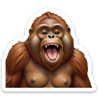 Cinematic Cute Yawning Orangutan Portrait Emoji, Head tilted slightly with a dramatic, wide-open yawn, showcasing a richly textured face with half-closed, sleepy eyes and a relaxed, open expression, Simplified yet irresistibly adorable features, highly detailed, glowing with a soft, cozy jungle glow, high shine, relaxed yet expressive, stylized with a dash of whimsical charm, soft glowing outline, capturing the essence of a drowsy yet affectionate guardian that appears ready to stretch out for a nap! sticker