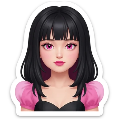 Girl with black and pink long Korean hair with pink tints on her bangs and hair tall lashes that are pink and black and have pink light tints to them and the clothes are a pink and black dress and pink and black lime lips and eyes black and pink heterochromia and British eyebrows sticker