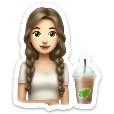 Slavic beautiful girl with brown hair and green eyes holding in hand bubble tea sticker