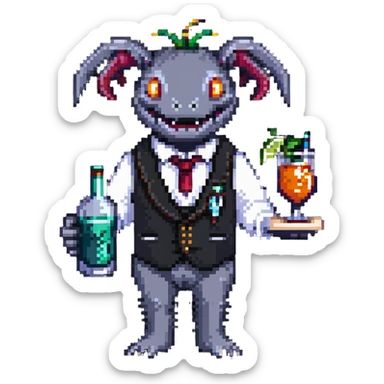 Tipsy bartender mimic creature serving drinks sticker