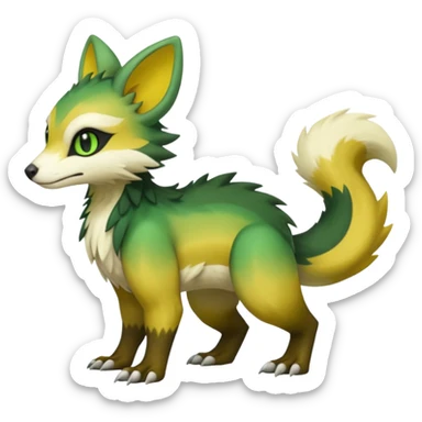 Cute cool handsome pesky vile feral realistic fantasy Green-yellow-brown-black-white-gradients Trico-Sergal-Furret-Vernid-fusion-Fakemon-animal-hybrid-creature, full body sticker