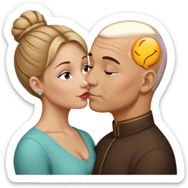 Mid aged Hispanic bald man kissing mid aged dark blonde white woman. She’s wearing a bun. sticker