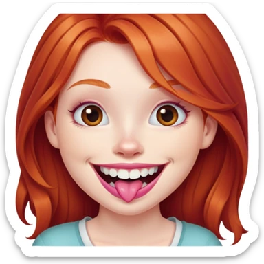 Young girl with pale skin, full pink lips smiling with big teeth, ginger red hair (very long), bigger nose, deep brown eyes (less green), big mouth sticker
