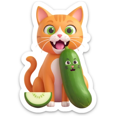 a scared cat next to a cucumber sticker