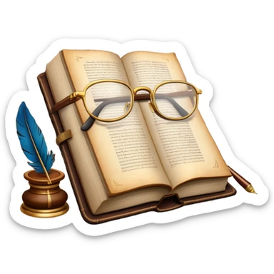 An icon featuring an open book with classic text, a feather quill, and reading glasses, symbolizing literary studies. The design includes old library shelves and vintage manuscripts in the background. Transparent background emphasizes the deep analysis of written works and literary history. sticker