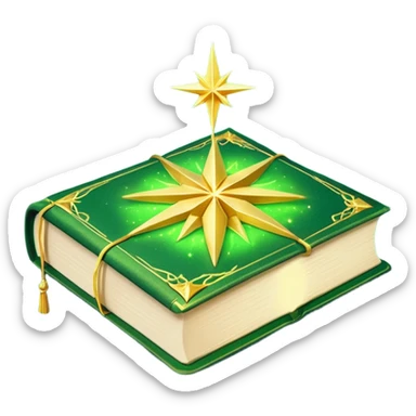 A **green, opened glowing book** with **golden edges**, floating with **sparkles and magical wisps** around it. The cover features a **golden starburst sigil**, symbolizing charm and radiance. ✨📖 sticker