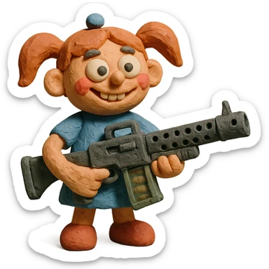 funny, positive stalker girl named Businka with a huge machine gun sticker