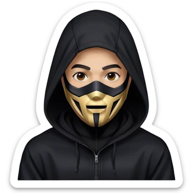 man with black hooded jacket and a full-black full-face geometric mask sticker