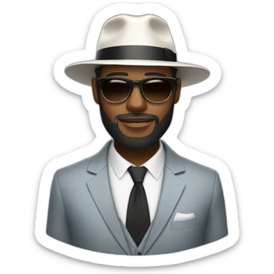 Bearded black man wearing a white wide brim fedora and suit with cool glasses sticker