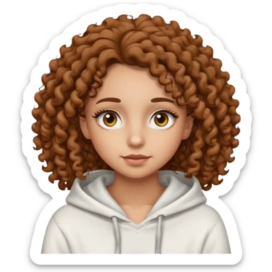 Una ragazza con una felpa semplice bianca,ha gli occhi marroni,i capelli marroni  , c’è gli ha lunghi e ricci molto ricci  ma non troppo e ha le ciglia stile emoji apple sticker
