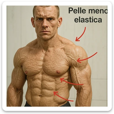 hyper realistic 25 year old bodybuilder with low collagen, aged appearance, evident muscles, skin with grooves and sagging, red arrows and text 'Pelle meno elastica', clinical atmosphere, light background sticker