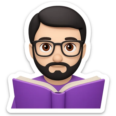 Add glasses to a young white man with black beard, straight hair, and brown eyes reading a lilac book. Maintain the emoji style look with a transparent background. sticker
