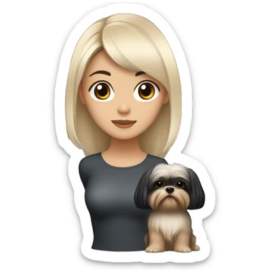 long black hair korean girl with her beige and black shih tzu yorkie. The dog has round face, short ears and has light distinct eyebrows  sticker
