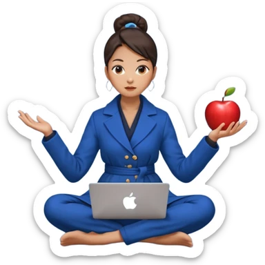 emoji of an asian woman with a single bun in a long blue coat sitting cross legged with dna levitating above one hand and an apple laptop above the other hand sticker