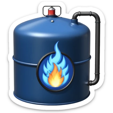 generate an ultra realistic black metal gas holder without rust and with a blue fire label sticker