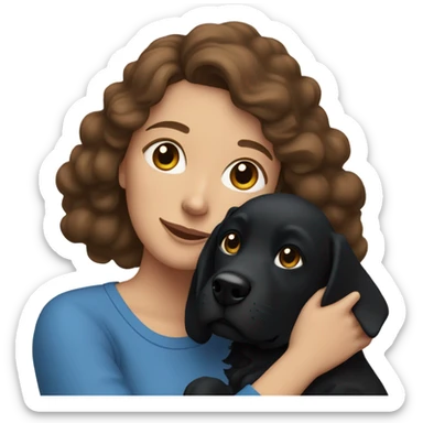 A lady with a brown hair and a blue sweatshirt petting a black dog sticker