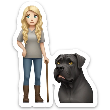 white woman with freckles, blue eyes and long blonde hair alongside a cane corso dog  sticker