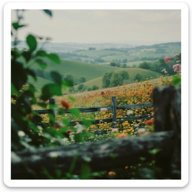 "Two shot" in the foreground, blurred plants in the foreground (frame within a frame), a wooden fence and colorfull flowers in the midground, Poland, rolling hills in the background, cinematic depth of field, layered composition, natural lighting sticker