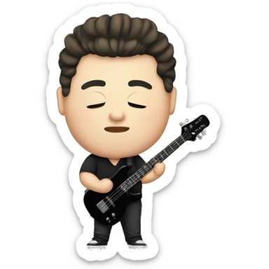 chubby chines with fair skin and man bun and black shirt and bass guitar sticker