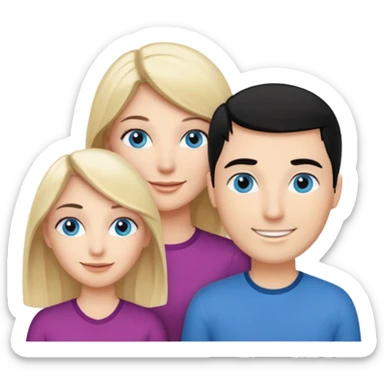 Blond woman with blue eyes on left. And a Man with black hair and grey eyecolor in the middle. And a blank woman with brown hair and grey eyes on the right. Happy together sticker