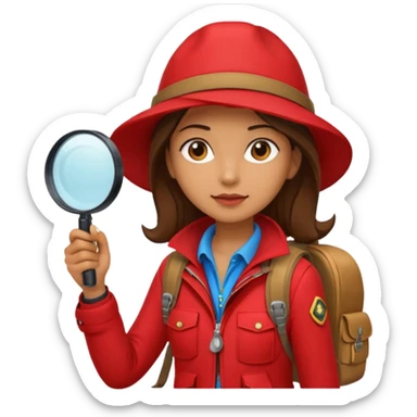 Explorer woman with red jacket backpack and magnifying glass sticker
