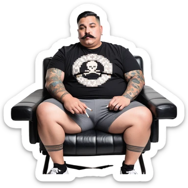 Large man reclining in chair, legs spread, smoking a cigarette, round face, very short black hair, beard and mustache, light skin, black t-shirt with light stripes at top riding up to show belly, black shorts, arms covered in black graphic tattoo patterns sticker
