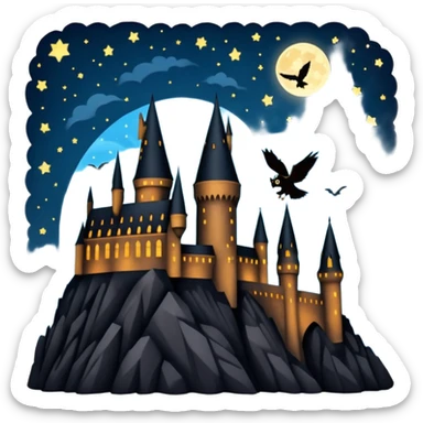 hogwarts castle on a starry night and owl flying in the air silhouette  sticker
