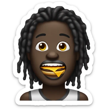 Dark skin black guy with black dreadlocks and big lips with make up on face eating a burger  sticker