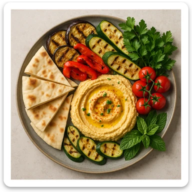 realistic Mediterranean platter with hummus, pita, grilled vegetables, and fresh herbs, top-down view sticker
