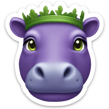 A purple hippo with green eyes and a laurel wreath sticker