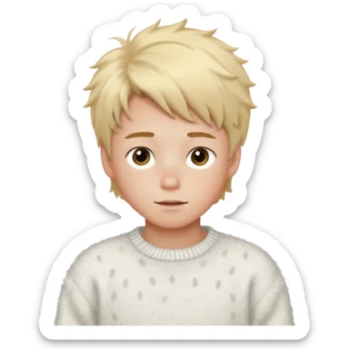 create-a-look-for-a-blond-boy-with-long-tousled-hair-light-eyes-a-white-sweat + fluffy white sweater + styled hair blonde with hair to the side cute + cute face with freckles  medium hair fluffy to the side no long hair cute hair sticker