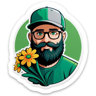 A bold man with a grey baseball cap, green eyes, big beard and glasses, holding a bouquet of flowers  sticker
