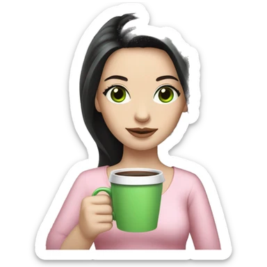 pretty woman with pale skin, very long black hair and green eyes and light pink outfit holding a pink coffee cup sticker