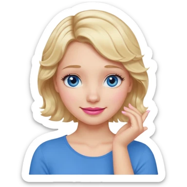 Girl Blonde short wavy hair,  blue eyes, cute blue top, long lashes, pink lips, smiling, 🤦🏻‍♀️ sticker