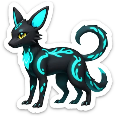 Rare realistic dark-neon glowing bioluminescent edgy badass epic pretty beautiful handsome gorgeous aesthetic colorful vibrant Vernid-Trico-Umbreon-Salandit-hybrid-species-Fakemon-creature by LiLaiRa, 4 legs, 1 tail, random markings, (full body) sticker